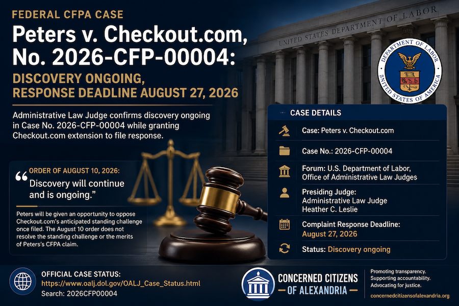 Federal CFPA Case Peters v. Checkout.com, No. 2026-CFP-00004: Discovery Ongoing, Response Due August 27, 2026