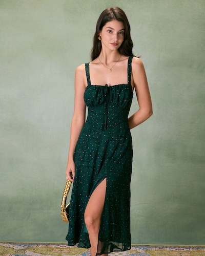 RIHOAS midi dresses used in the fit comparison: the Black Square Neck Flare Sleeve Midi Dress (left) and the Green Square Neck Jacquard Slit Midi Dress (right).